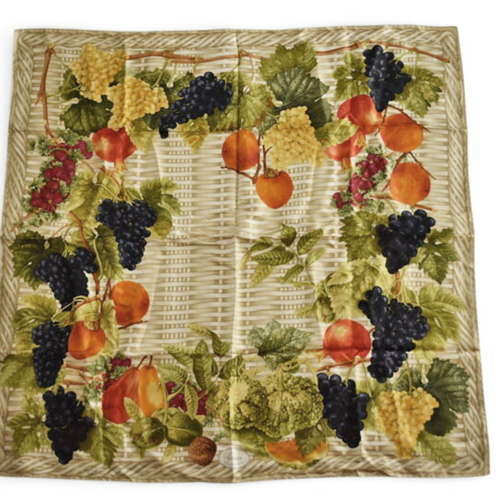 Gucci scarf, muffler, large size, fruit pattern, beige multi-color.